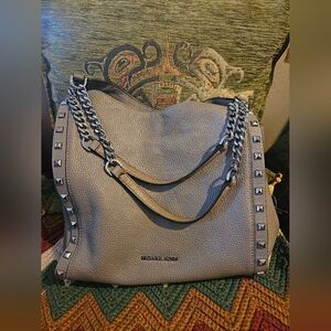 Michael Kors Camden studded pebbled leather chain tote bag in grey.